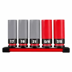 This 5-piece non-marring impact socket set includes sizes 13/16 in, 17 mm, 19 mm, 21 mm, and 7/8 in with a 1/2 in drive. The sockets feature a friction retention design to hold fasteners securely. Suitable for removing and installing lug nuts on automotive and light truck wheels using impact wrenches.