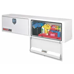 This topside box features double drop-down doors with a rotating T-handle latch and keyed lock for secure tool storage. Finished in white, it is designed for mounting on truck beds to organize and protect equipment in fleet and vehicle maintenance applications.