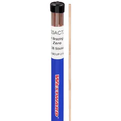Phos-copper brazing alloy for joining copper-to-copper tubing and fittings. Self-fluxing on copper, eliminating need for separate flux. Rods are bare, 1/8 in diameter by 20 in length. Pack of 28.