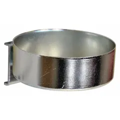 This single ring toolholder is designed for organizing tools on square-hole pegboard. Made of steel with a zinc-plated silver finish, it features a screw-in locking system and includes a black holding clip for secure mounting. The hook depth is 3 1/2 inches. Suitable for workshops, garages, and industrial storage areas.