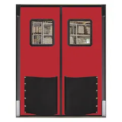 This insulated swinging door set includes two red polyethylene doors, each 8 ft high and 5 ft wide, with an integrated polycarbonate window. It comes with door seals, bumpers, and mounting hardware, and meets USDA standards. Suitable for temperature-controlled environments requiring washdown durability.