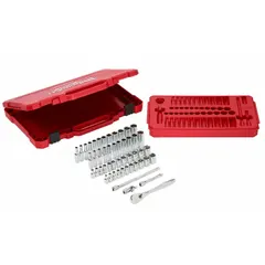 This 50-piece socket set includes 1/4 in drive tools and deep sockets in both metric (5 mm to 15 mm) and SAE sizes. The 6-point design provides a secure grip on fasteners, while the friction retention system holds sockets firmly on the drive tool. Suitable for automotive repair, machinery maintenance, and general assembly tasks.