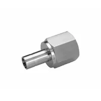 Double-ferrule compression fitting adapter for connecting 10 mm OD tubing to a 1/2 in FNPT threaded port. Constructed from stainless steel for corrosion resistance. Compatible with Swagelok brand fittings. Used in industrial fluid systems for leak-tight tube-to-pipe connections