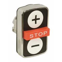 Metallic multihead push-button operator from the XB4 series with three momentary buttons and a Stop function. Extended profile design for industrial control panel applications. Non-illuminated type suitable for machine control environments.