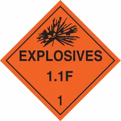 Class 1: Explosives placard measuring 10 3/4 in x 10 3/4 in with a 10 3/4 in label height. Displays the message 'Explosives 1.1 F 1' for identifying containers holding Division 1.1 F 1 materials. Used for hazardous materials labeling in transport and storage environments.