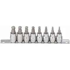 This 25-piece ball hex bit socket set features a 3/8 in drive and includes 8 pieces with tip sizes ranging from 3 mm to 10 mm. The ball hex design allows angled access to recessed fasteners. Suitable for assembly, maintenance, and repair tasks requiring hex fasteners.