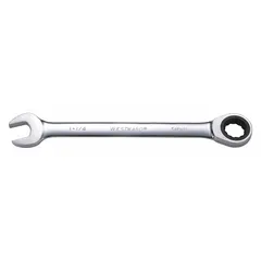 Alloy steel construction with chrome finish. Standard-length wrench with 12-point ratcheting box end and open end. Head size 1 1/4 in, overall length 16 3/4 in. Used for tightening and loosening fasteners in mechanical assembly and maintenance tasks.