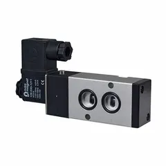 NAMUR-type single solenoid valve with DIN connector, 110V AC, 4 ports, 1/4 in NPT inlet and outlet. Used for directional control of air or neutral gases in pneumatic actuator systems and industrial automation.