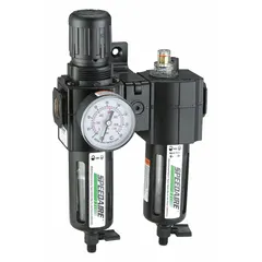Combined filter, regulator, and lubricator unit for compressed air systems. Features 5 micron filtration, 60 cfm flow capacity, and maximum operating pressure of 150 psi. Suitable for conditioning air in pneumatic lines to protect downstream equipment.