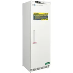 Upright flammable storage refrigerator with 14 cu ft capacity, white finish, and right-opening swing solid door. Maintains temperature range of 1°C to 10°C, uses R-600a refrigerant, and includes a temperature alarm. Overall depth 24 3/8 in. Suitable for laboratory storage of flammable materials.