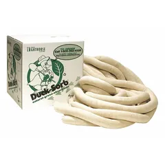 This sorbent sock is 8 ft long with a 10-gallon capacity, featuring a white cellulose outer skin filled with organic fibers and wool. It is used for containing and absorbing industrial spills such as oils, coolants, and water-based fluids. The sock can be placed around machinery or in drip trays to control leaks.