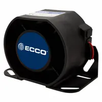 This heavy-duty backup alarm delivers a fixed tonal warning at 107 dB to alert personnel when a vehicle is reversing. It operates on 12-36V DC and is SAE Type B rated. The alarm features a bolt mount and 16 AWG blunt cut wire connector for installation on industrial vehicles and equipment