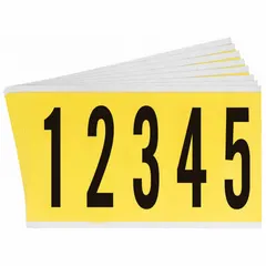 Indoor repositionable character set with black Gothic digits 0 to 9 on a yellow background. Die-cut, non-reflective labels with 3 7/8 in character height. Suitable for identifying equipment, bins, or panels in industrial environments.
