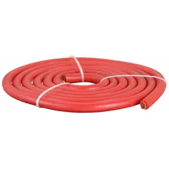 Cut-to-length jumper cable for vehicle battery power maintenance. Features 1/0 ga wire gauge, 120 in length, and 150 A max current. Red cable jacket. Suitable for jump-starting vehicles or equipment with dead batteries.