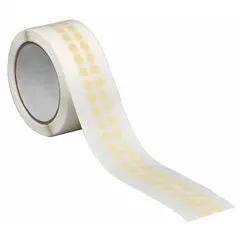 Tan crepe paper discs with rubber adhesive, pre-cut to 3/4 in diameter and 7.5 mil thick. Designed for indoor masking on metal surfaces during painting, powder coating, or finishing processes requiring heat resistance.