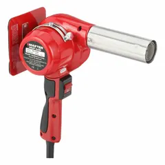 This heat gun operates on 230V AC with a 3 A current and includes a stand for hands-free use. The pistol-grip design is suited for 220V-240V power sources. Typical applications include shrinking tubing, bending plastics, drying components, and activating adhesives.