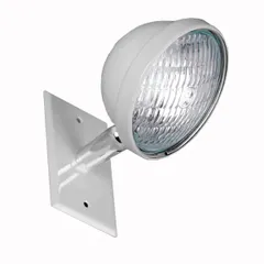 Steel remote head for emergency lighting systems. Features one 5W lamp, operates at 6V, and has an adjustable head. White housing designed for end mounting. Provides directional illumination in commercial and industrial settings.