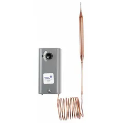 Steel-enclosed line-voltage mechanical thermostat with SPDT switch action (open/close on rise). Temperature control range -30° to 100°F, adjustable differential 5°/2° to 7°F. Operates on 24 to 277V AC. Includes 8 ft capillary with 8 ft x 3/8 in bulb. Suitable for indoor HVAC applications such as duct heaters, unit heaters, or refrigeration equipment.