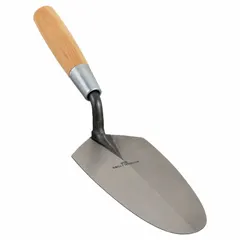 This duck bill trowel features a round, tapered carbon steel blade with a 3 3/4 in width and a wood handle. It is used for shaping and finishing mortar or concrete in confined areas such as brickwork or stone applications.