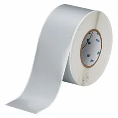 Thermal transfer continuous label roll, 3 in x 300 ft, made of metalized polyester with a silver gloss finish for indoor use. Compatible with THT 3" Core Printers. Suitable for industrial labeling, asset tracking, and barcode printing.