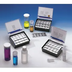 This water test kit measures calcium hardness in water samples over a range of 10 to 500 mg/L with a sensitivity of 10 mg/L. It includes reagents for 30 tests and is used for monitoring water quality in applications such as boiler feedwater, cooling towers, and industrial process water to prevent scale formation.