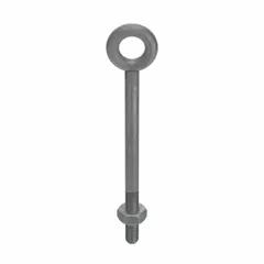 This machinery eye bolt is made of galvanized steel for corrosion resistance. It has a 1 1/2"-6 thread size and a 6-inch thread length. A nut is included. Typical applications include lifting, rigging, and pulling heavy loads in industrial settings.