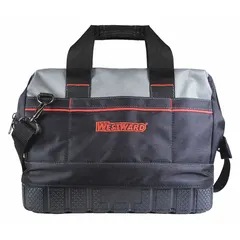 This polyester wide-mouth tool bag in black features 16 total pockets, including 10 inside pockets, for organizing hand tools and accessories. The wide-mouth opening provides easy access to contents. Suitable for carrying tools and equipment on job sites or in workshops.