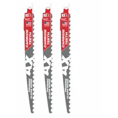 Set of three reciprocating saw blades for wood cutting and pruning. Each blade is 9 inches long with 0.05-inch thickness and 3 teeth per inch. Rigid design enables straight cuts; curved profile aids aggressive cutting in lumber and tree branches.