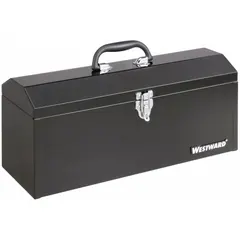 This steel tool box from WESTWARD features a black finish and a combination of plastic and steel construction. It includes one compartment and a padlock for secure storage. With dimensions of 19 inches wide, 7 inches deep, and 8 5/8 inches high, it is suitable for organizing hand tools, fasteners, and small parts in workshops or on job sites.