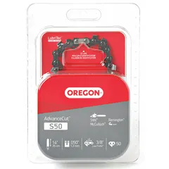 OREGON S50 chainsaw chain with 3/8 in pitch, 0.05 in gauge, and 50 drive links. Designed for use with chainsaws accepting a 14-inch bar length. Suitable for cutting wood in applications such as pruning, firewood cutting, and general forestry work.