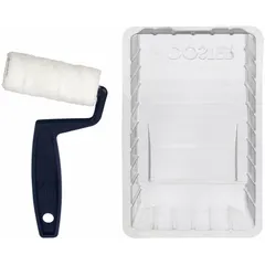 This mini paint cover and frame set from WOOSTER features a 3-inch wire roller frame with a 6 1/8-inch overall length. The plastic frame is designed for use on smooth drywall surfaces and is compatible with all paint types. Suitable for trim work, edges, and small areas requiring precision.