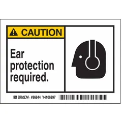Polyester caution sign with adhesive mounting, indicating ear protection is required. Nominal size 3 1/2 in x 5 in, 0.01 in thick. Not retroreflective, not glow-in-the-dark, no anti-slip surface. Supplied in a 5-pack. Suitable for indoor use in areas where hearing protection is necessary.