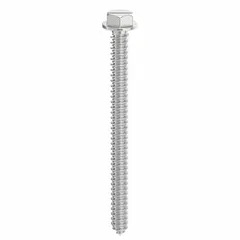 Hex-head concrete screw anchor with pointed tip, made from Grade SW steel. Removable design for fastening into concrete, brick, or block. Inch system, 3/16 in diameter, 2-1/4 in overall length. Supplied in a 100-pack.