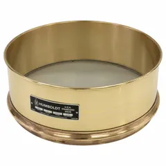 Test sieve with 12-inch outside diameter and 4-inch height. Stainless steel #200 mesh screen in a brass frame. Complies with AASHTO M92 standards. Used for particle size analysis of aggregates and soils in construction materials testing.