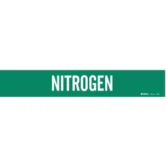 Green adhesive pipe marker with white legend reading 'Nitrogen'. Fits pipe outer diameters from 2-1/2 to 7-7/8 inches. Supplied without arrows. Used to identify nitrogen lines in industrial piping systems.