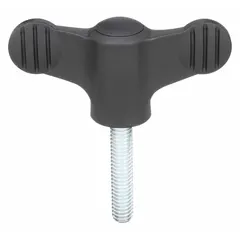 Wing knob with threaded stud for manual clamping and adjustment on jigs, fixtures, and machinery. Plastic body with stainless steel thread, 50 mm diameter, 1/4"-20 thread, 30 mm thread length.