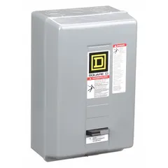 Enclosed non-reversing magnetic motor starter for three-phase motors. NEMA Size 2, 45 A, 480V AC coil, 3 poles. Screw clamp terminals. Requires three melting alloy thermal units (not included) for overload protection. No operator controls, pilot light, or auxiliary contacts.