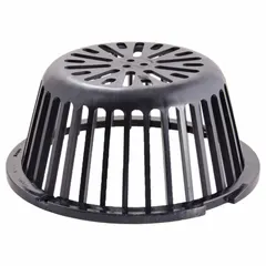 This plastic dome strainer is designed for use with roof drain systems, featuring a flanged connection for secure attachment. It has a 10-inch overall diameter and 4-3/8-inch overall height. The unfinished plastic construction is suitable for applications where the strainer is concealed or painted on-site.