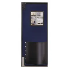 Single-door insulated swinging door with a polycarbonate window, 3 ft width and 7 ft height. Constructed with Non-CFC Urethane insulation for thermal efficiency. Includes door seals, bumpers, and mounting hardware. Meets NSF standards for use in cold storage and food processing environments.