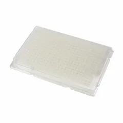 This 384-well microplate is made of natural polystyrene with square wells, each having a 0.112 mL capacity and an overall diameter of 85 mm. It is commonly used in high-throughput screening, assay development, and sample storage. The plate is not RNase/DNase free.