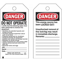 This danger tag features a write-on surface for custom warnings and displays 'Danger Do Not Operate' in English. It is used to clearly indicate hazardous conditions and prohibit equipment operation during maintenance or repair tasks in industrial settings.