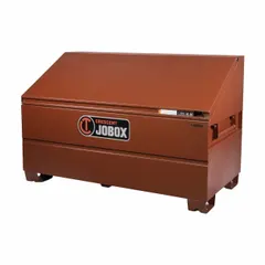Slope-lid jobsite box with 32.7 cu ft capacity. Measures 60 in wide by 30 in deep by 39.5 in high. Features a padlock hasp for user-supplied lock. Brown finish. Suitable for outdoor storage of tools and equipment at construction sites.