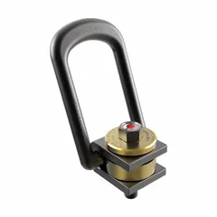 This force-indicating side-pull pivot and rotate hoist ring is constructed from black oxide-coated steel with an M16-2.00 thread and a maximum capacity of 3,085 lb. It is designed for lifting and positioning heavy loads in industrial settings where side-pulling operations and load monitoring are required.
