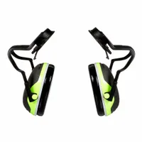 Passive hard hat-mounted earmuff with 26 dB NRR for hearing protection in industrial environments. Features electrically insulated ABS cups, polyamide band, PVC cushions, and earcup pivot points for fit adjustment. Dielectric construction suitable for electrical work