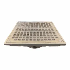This Class A light-duty floor drain grate features a square strainer with an 8-inch overall width and 2.5-inch overall height. Constructed in nickel bronze with a bronze color family finish, it is suitable for commercial or industrial settings where corrosion resistance is required, such as kitchens or light-traffic zones.