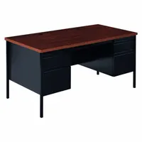 This HIRSH rectangular office desk features a 60-inch-wide walnut particle-board desktop supported by a steel frame in walnut finish. It includes two pedestals with four drawers and a modesty panel, providing organized storage for office workstations. The Black Matrix/Walnut color scheme suits professional environments