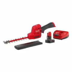 This battery-powered hedge trimmer features a double-sided blade with an 8-inch length and a 1/2-inch cutting width. It is designed for trimming and shaping hedges, shrubs, and bushes in landscaping and grounds maintenance. The tool operates on the M12™ platform and is supplied with a 4.0 Ah battery.