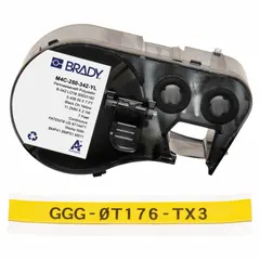 Polyolefin sleeve label roll cartridge in yellow matte finish. Designed for wire gauges 8 AWG to 16 AWG. Compatible with BMP41 printer series. Used for on-demand wire and cable identification in industrial electrical panels and control cabinets.