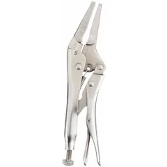 Long-nose locking pliers with a 1 3/4 in jaw length and 2 in maximum jaw opening. Quick-release mechanism allows fast adjustment. Suitable for gripping and clamping tasks requiring extended reach, such as holding small parts or working in confined spaces.