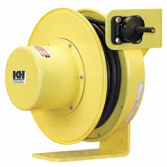 This hardwired self-retracting cord reel features a 50 ft length of 14 AWG SOOW cable rated for 600V AC, terminating in bare wire for direct connection. It is designed for industrial environments such as workshops, factories, and maintenance areas where organized cord management and safe retraction are required.